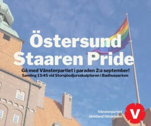 I bakgrunden syns rådhuset i Östersund där en prideflagga vajar bredvid. Texten i bilden är samma information som finns i inlägget.