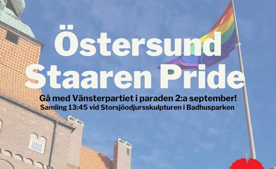 I bakgrunden syns rådhuset i Östersund där en prideflagga vajar bredvid. Texten i bilden är samma information som finns i inlägget.