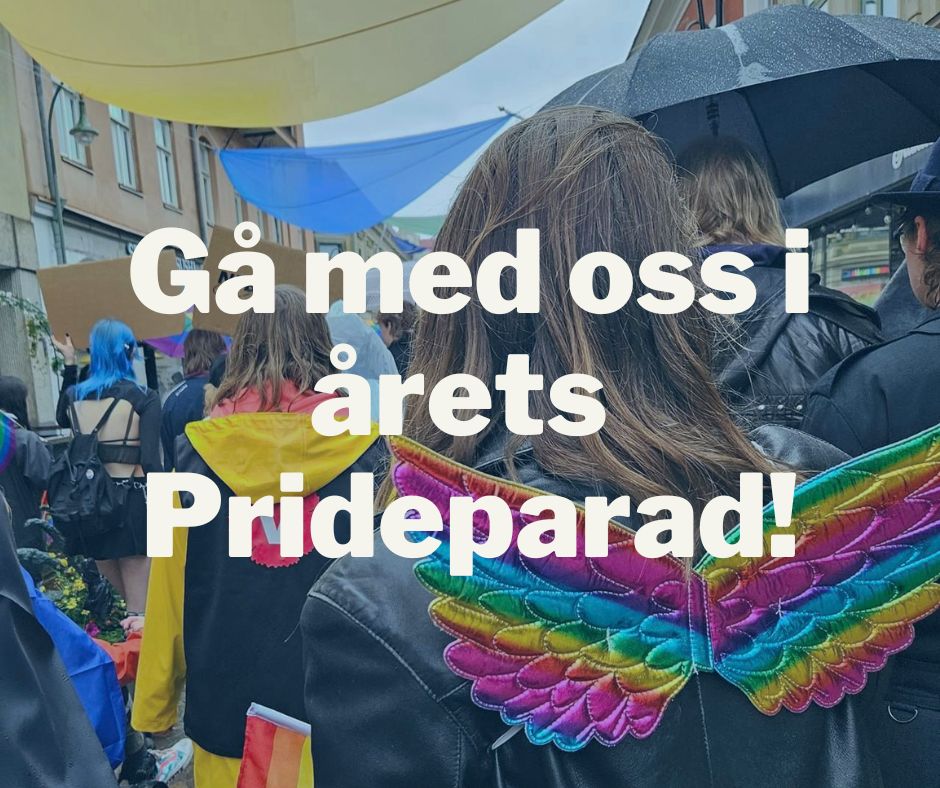 Gå med oss i årets Prideparad! I bakgrunden en person med gul regnjacka som bär en väst med V:s logga på ryggen. I förgrunden en person som bär regnvågsfärgade vingar.